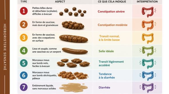 Échelle de Bristol illustrée présentant les 7 types de selles, de la constipation sévère à la diarrhée - Herboristerie Sensathé